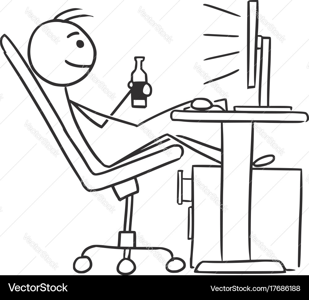 Man Relaxing at Computer with Beer vector image