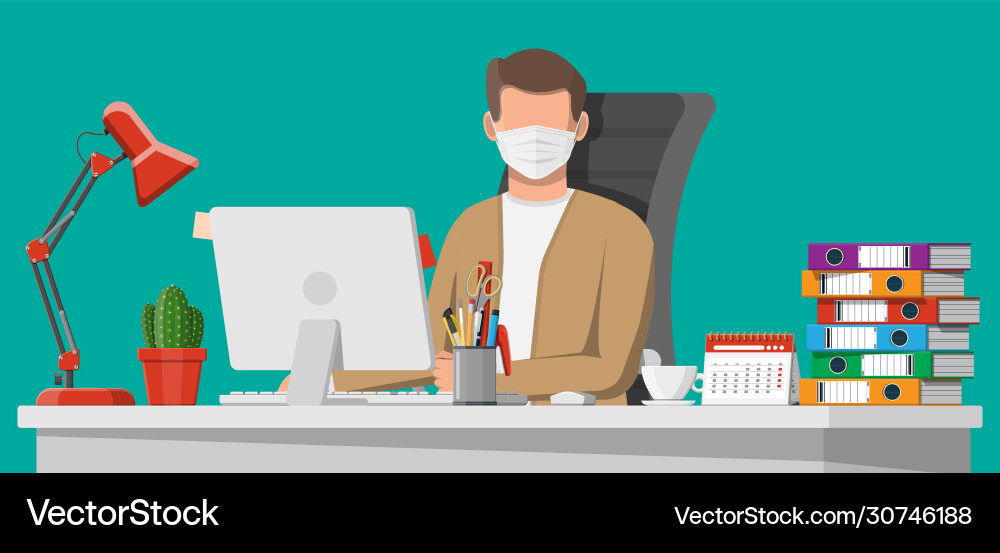 Man Wearing Mask Working on Computer vector image