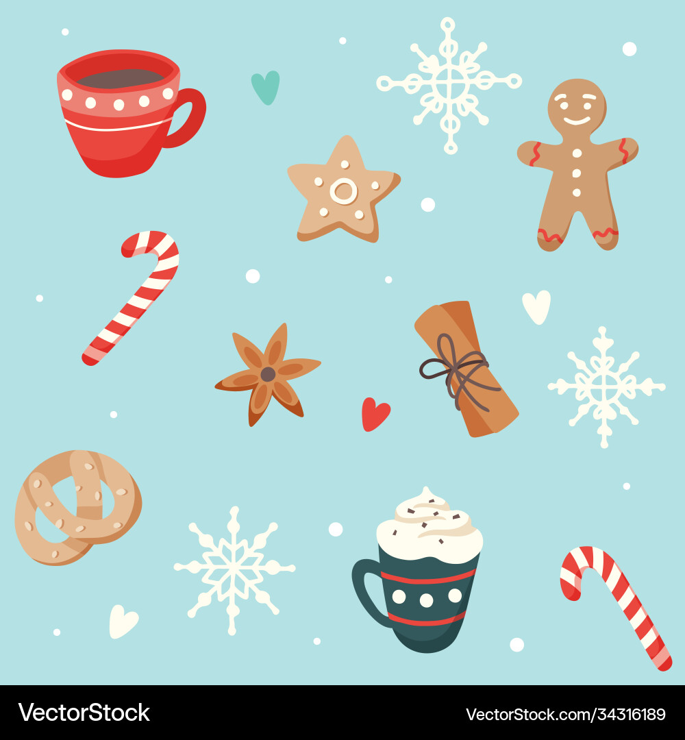 Christmas pattern with cute cups and ginger vector image