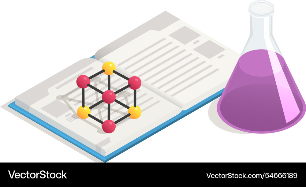 Isometric view of an open book with a molecular Isometric view of an open book with a molecular vector image
