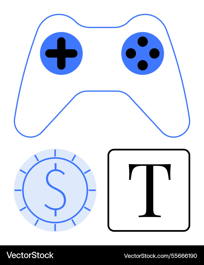 Gaming controller with currency coin and text Gaming controller with currency coin and text vector image