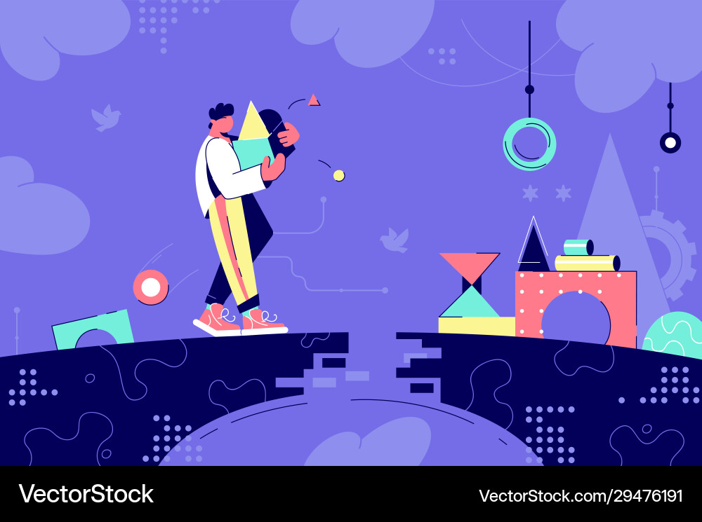 Man Struggling with Moving Box on Bridge vector image