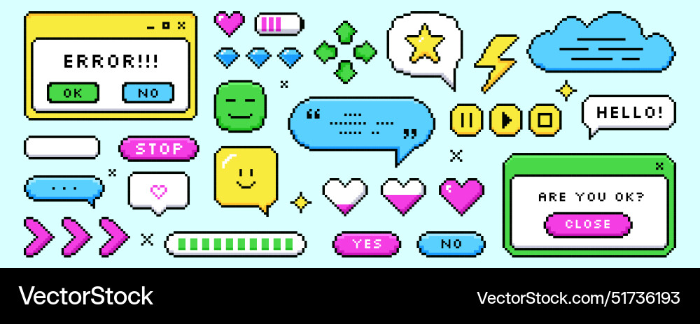 Pixel dialogue boxes speech bubbles buttons Pixel dialogue boxes speech bubbles buttons vector image
