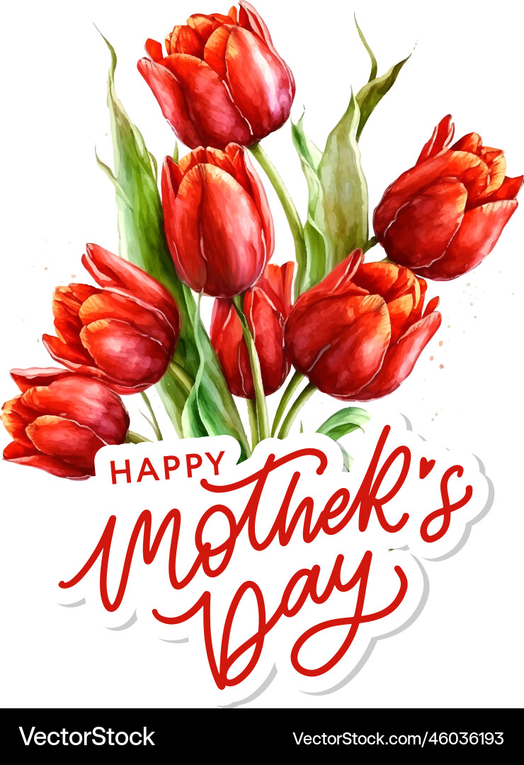 Watercolor mothers day greeting card red tulip vector image