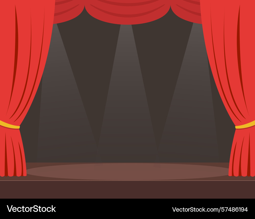 Empty stage with opened red curtains in flat style Empty stage with opened red curtains in flat style Vector Image