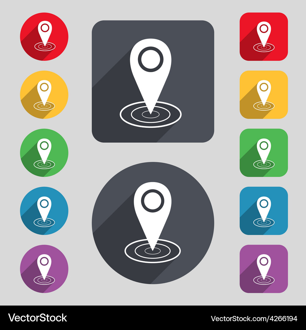 Map pointer icon sign a set of 12 colored buttons Vector Image