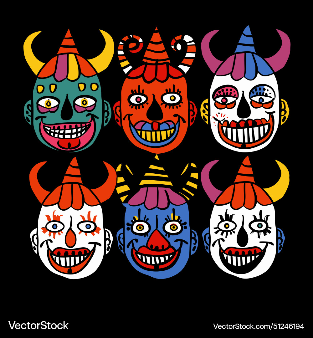 Six colorful clown faces arrayed against black Six colorful clown faces arrayed against black vector image
