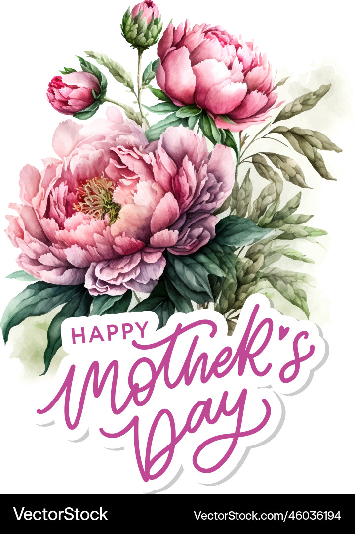 Watercolor mothers day greeting card pink peony Watercolor mothers day greeting card pink peony vector image