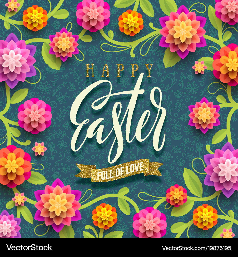 Elegant Easter Card with Flowers & Glitter vector image