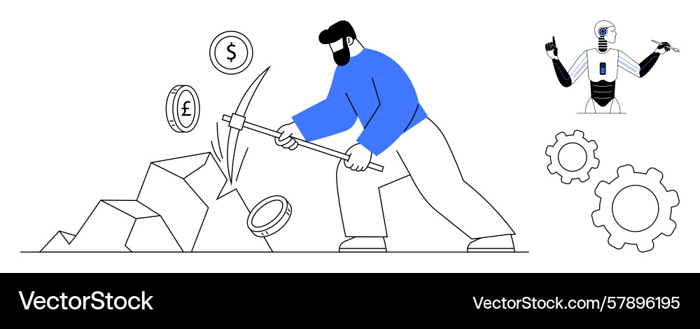 Man mining currency with pickaxe next to ai robot Man mining currency with pickaxe next to ai robot vector image