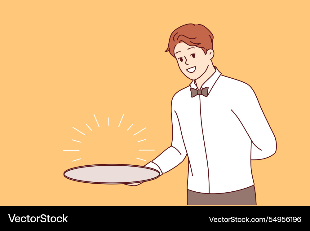 Man waiter with empty tray holds hand behind back Man waiter with empty tray holds hand behind back vector image