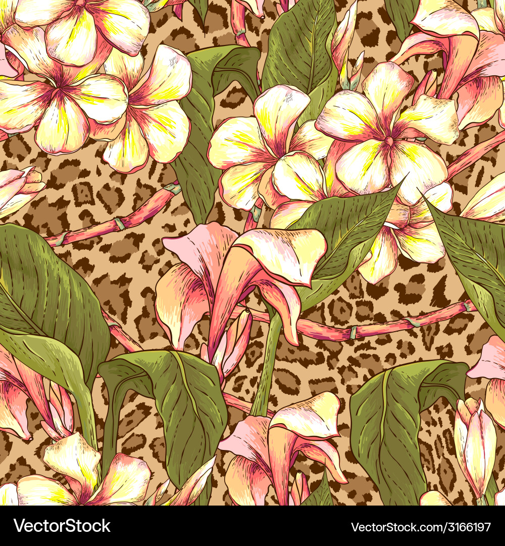 Exotic Flower Leopard Print Seamless Pattern Vector Image