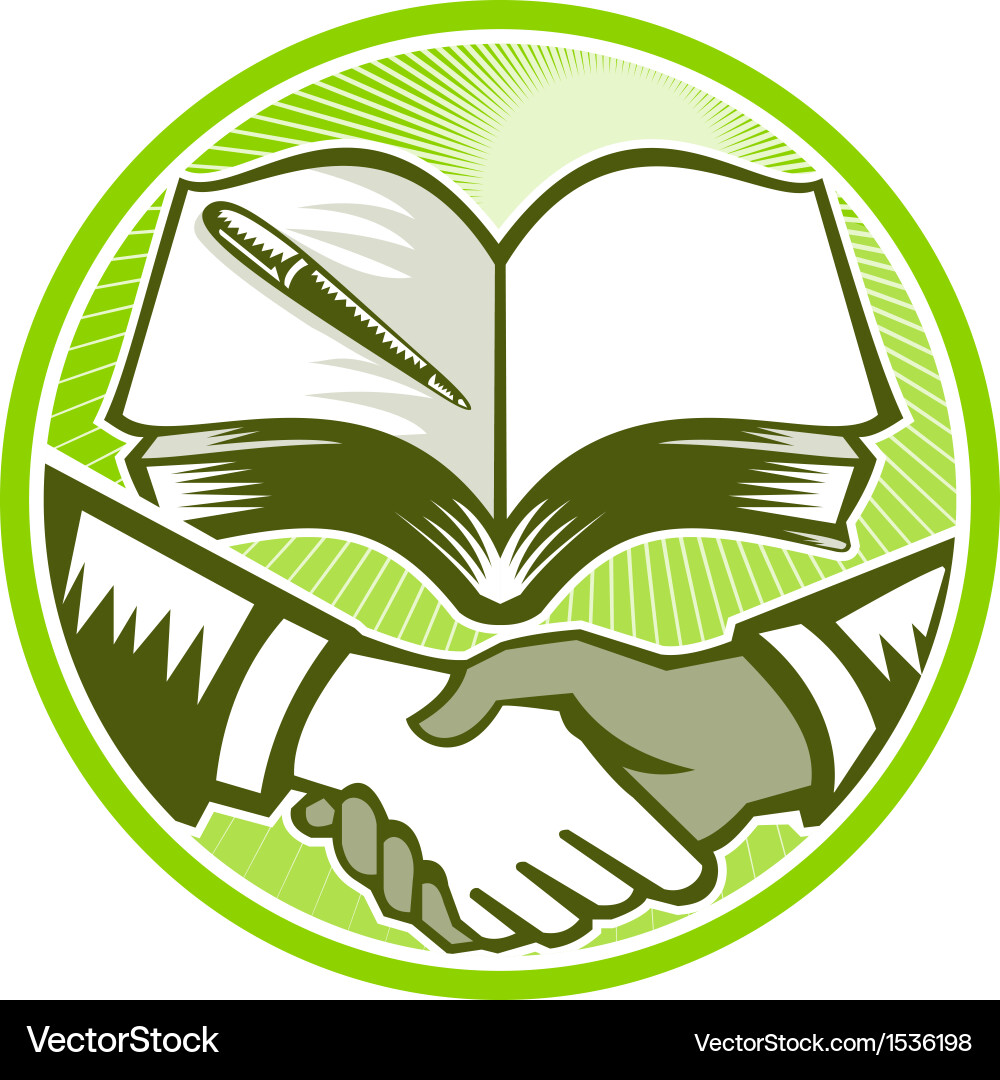 Handshake mit Buch und Stift Vektorbild