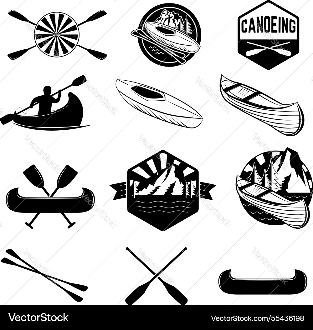 Set of canoeing labels and design elements kayak Set of canoeing labels and design elements kayak vector image