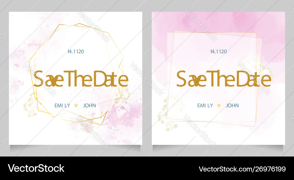 Pink watercolor wedding invitation with golden Vector Image