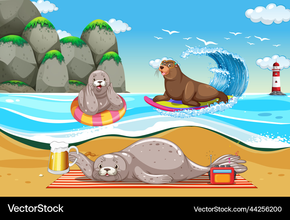 Seelöwen und Siegel am Strand Seelöwen und Siegel am Strand vektorbild
