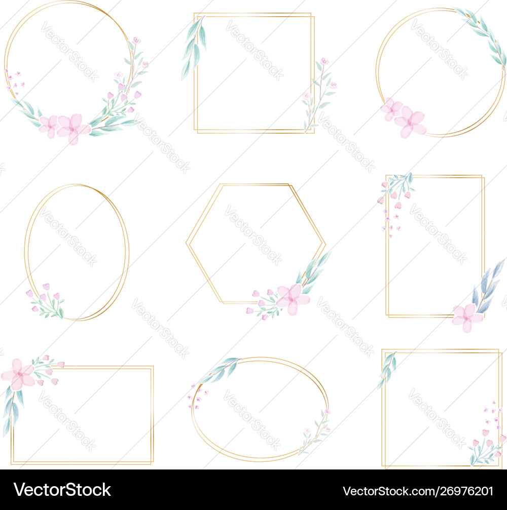 Geometric golden frame with decorative watercolor Geometric golden frame with decorative watercolor Vector Image