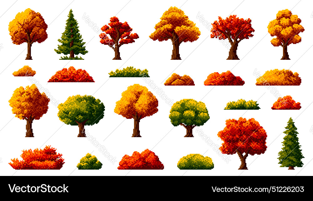 8 bit autumn forest pixel trees retro arcade asset 8 bit autumn forest pixel trees retro arcade asset vector image