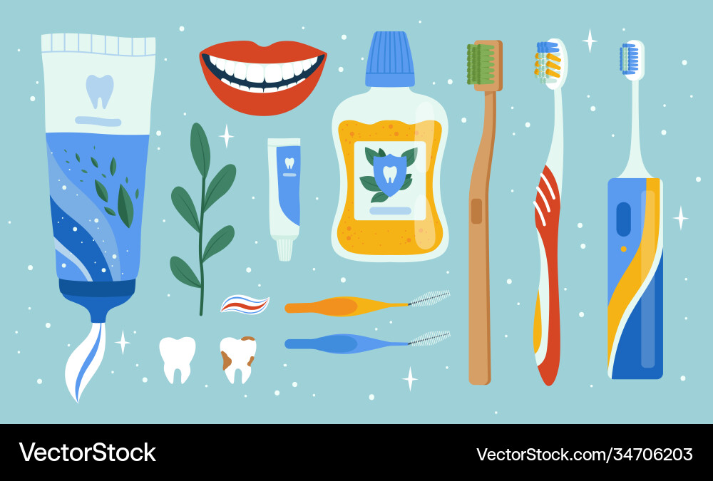 Dentist accessories oral dental hygiene items Dentist accessories oral dental hygiene items vector image