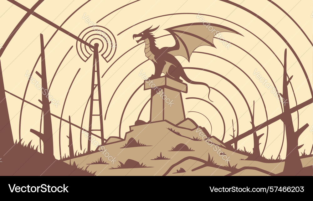 Dragon on structure with radio signals art design Vector Image