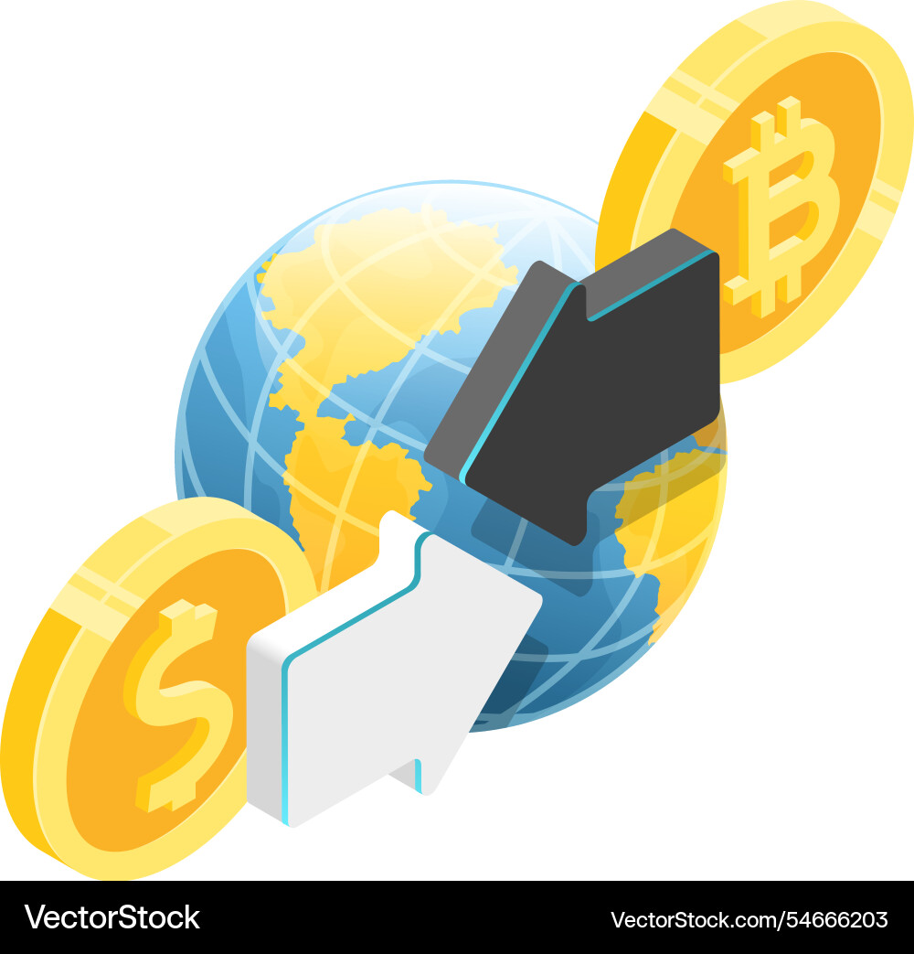 Global isometric view of exchanging bitcoin Global isometric view of exchanging bitcoin vector image