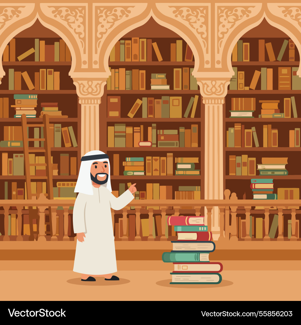 Man pointing at stacked books in classic library Vector Image
