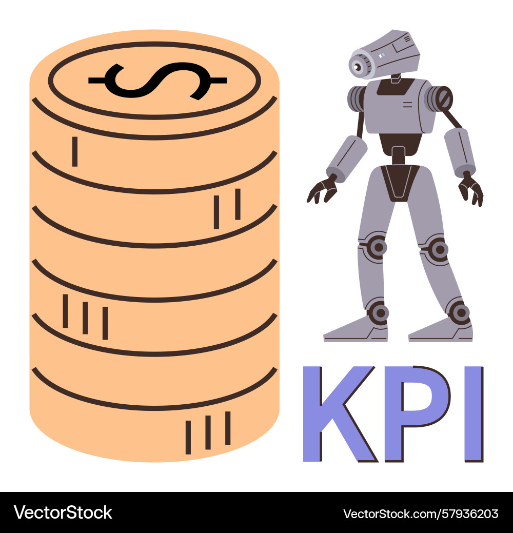 Robot next to coin stack representing revenue Vector Image