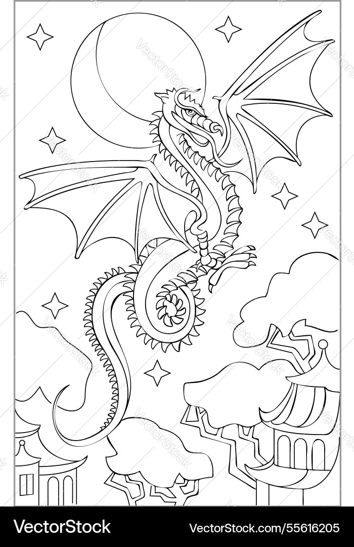 Page with black and white drawing of dragon Page with black and white drawing of dragon Vector Image