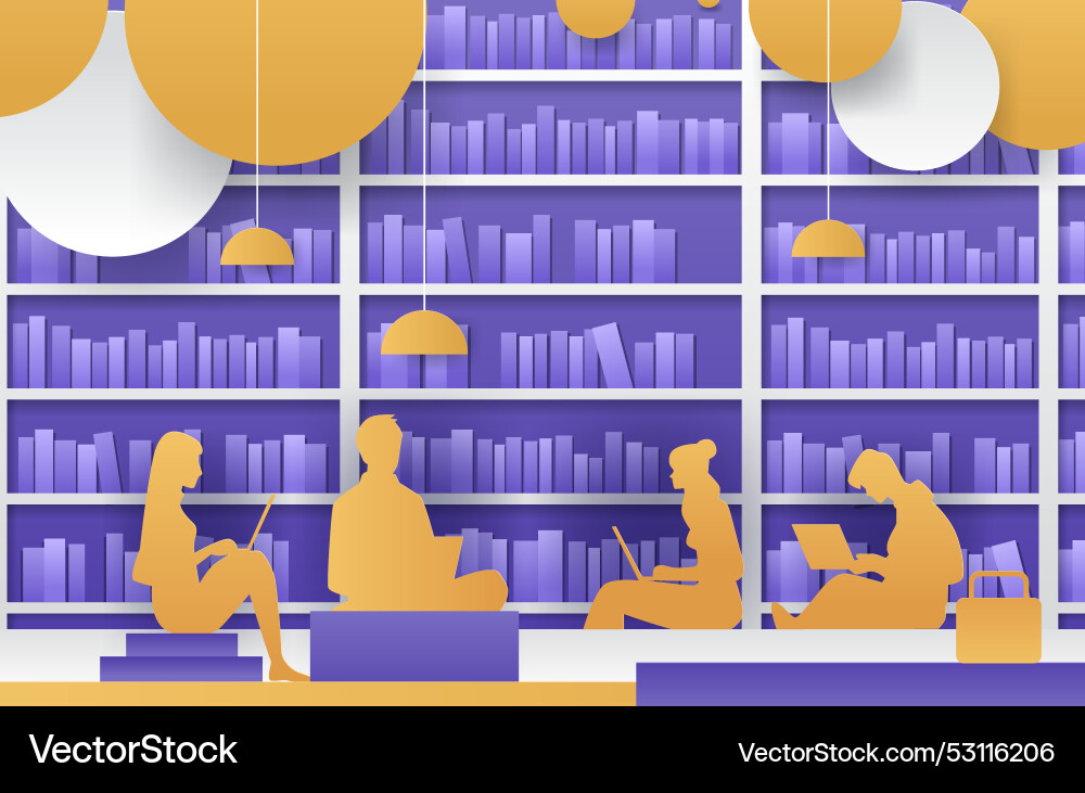 Library scene with people reading and working Library scene with people reading and working Vector Image