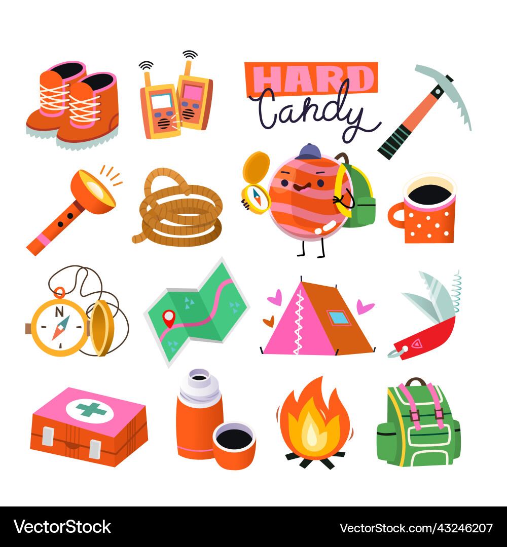 Collection of cute icons and stickers for hiking Collection of cute icons and stickers for hiking vector image