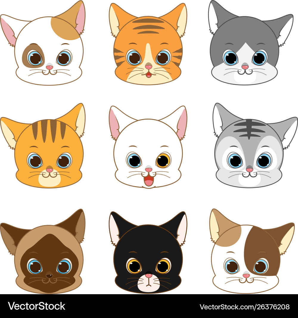 Cute smiling cat head collection set Royalty Free Vector