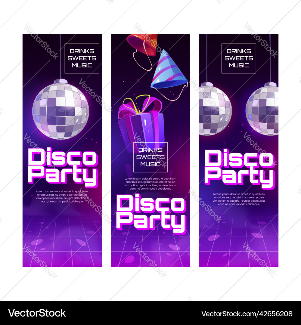 Disco Partyplakate mit Cocktails Kuchen Disco Partyplakate mit Cocktails Kuchen vektorbild