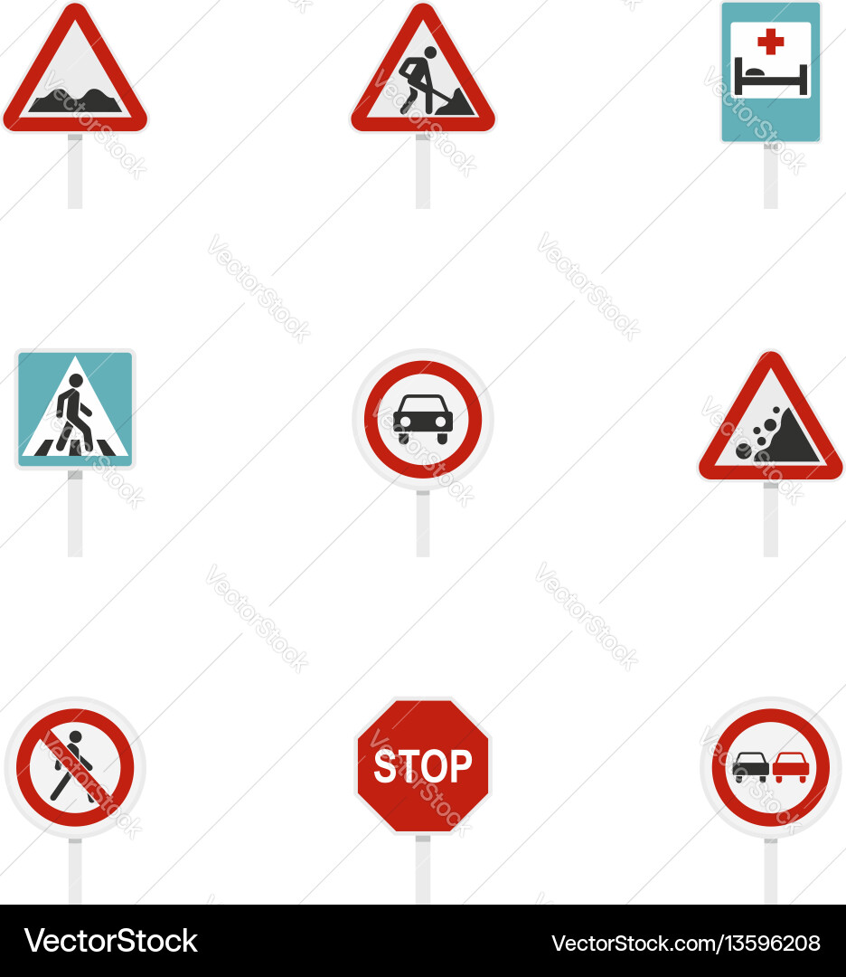 Triangular and circular traffic signs icons set Triangular and circular traffic signs icons set vector image