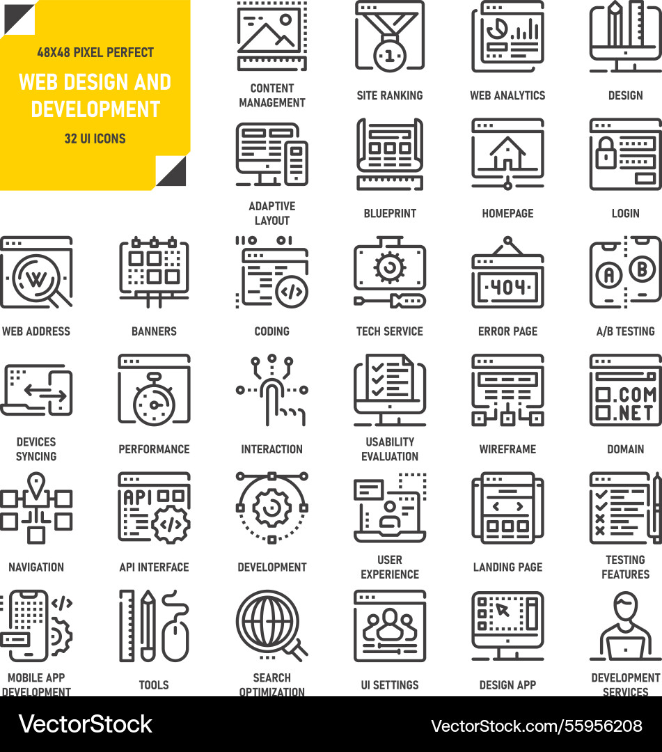 Web design and development flat line icons Web design and development flat line icons vector image