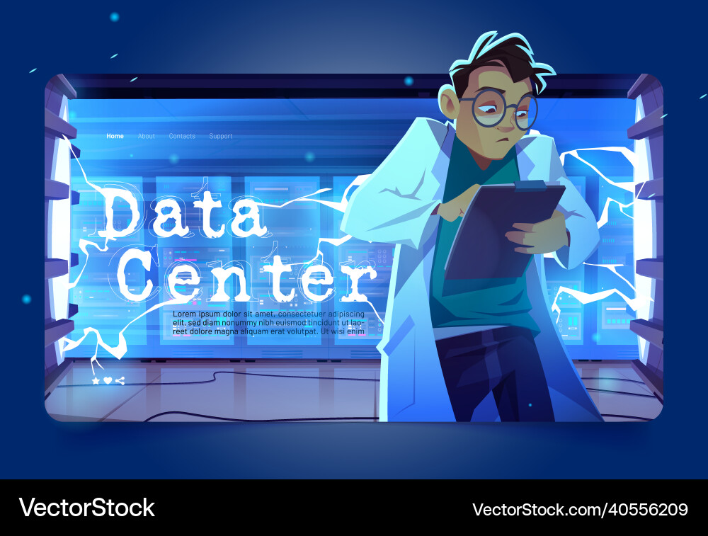 Data center landing page geek work in server room Data center landing page geek work in server room vector image