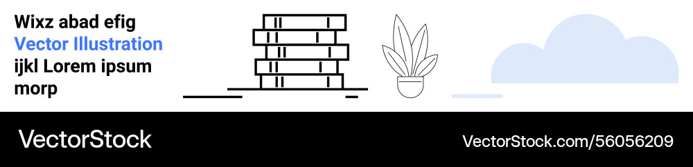 Stack of books beside potted plant with cloudy sky Stack of books beside potted plant with cloudy sky Vector Image