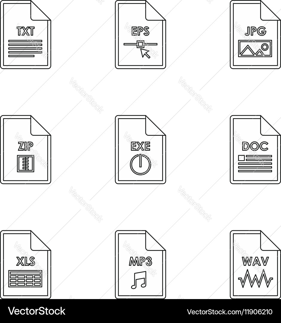 Types of files icons set outline style vector image