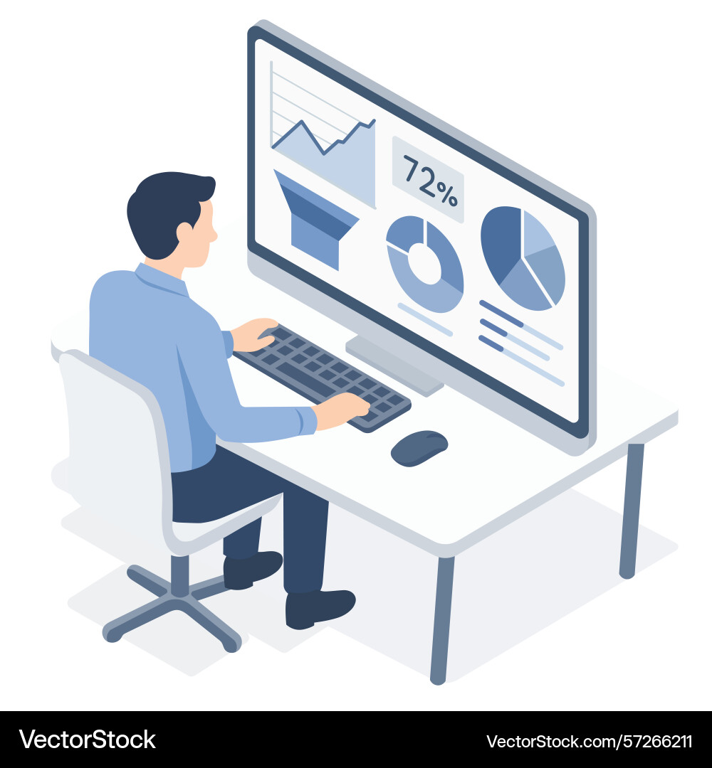 Man analyzing data on screen with charts Man analyzing data on screen with charts Vector Image