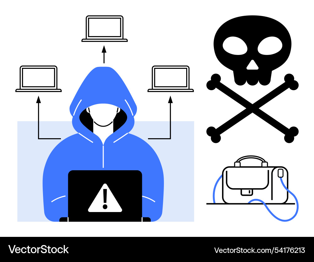 Cyber hacker in hoodie with laptop and warning Cyber hacker in hoodie with laptop and warning vector image