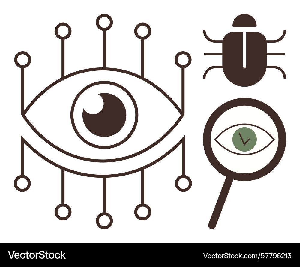 Eye surrounded by tech nodes with magnifying glass Eye surrounded by tech nodes with magnifying glass vector image