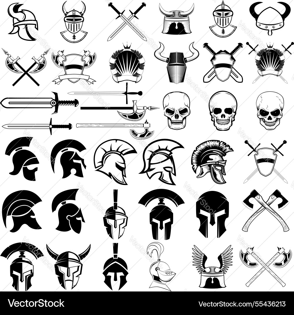 Set of ancient weapon helmets swords and design Set of ancient weapon helmets swords and design Vector Image