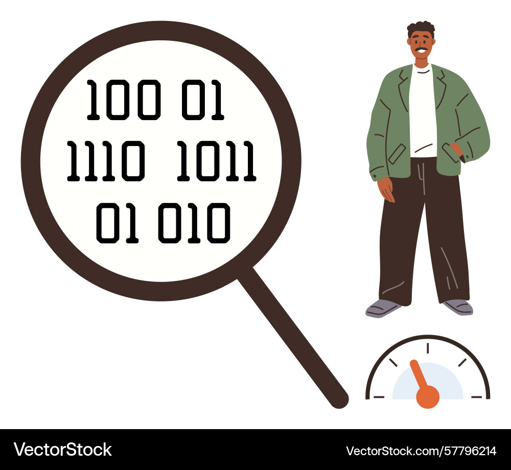 Man analyzing binary code through magnifying glass Man analyzing binary code through magnifying glass vector image