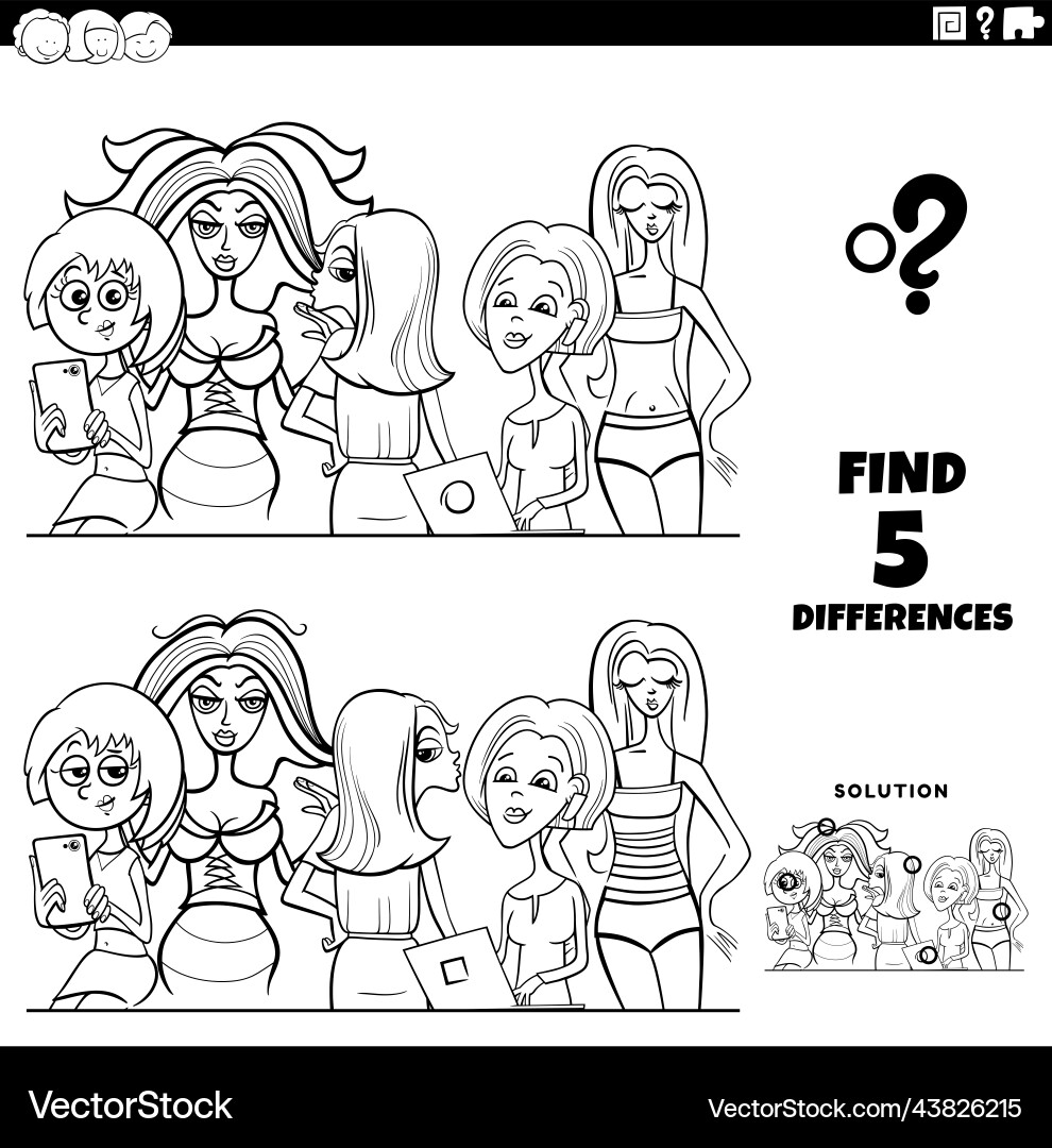 Differences game with comic woman coloring page Differences game with comic woman coloring page vector image