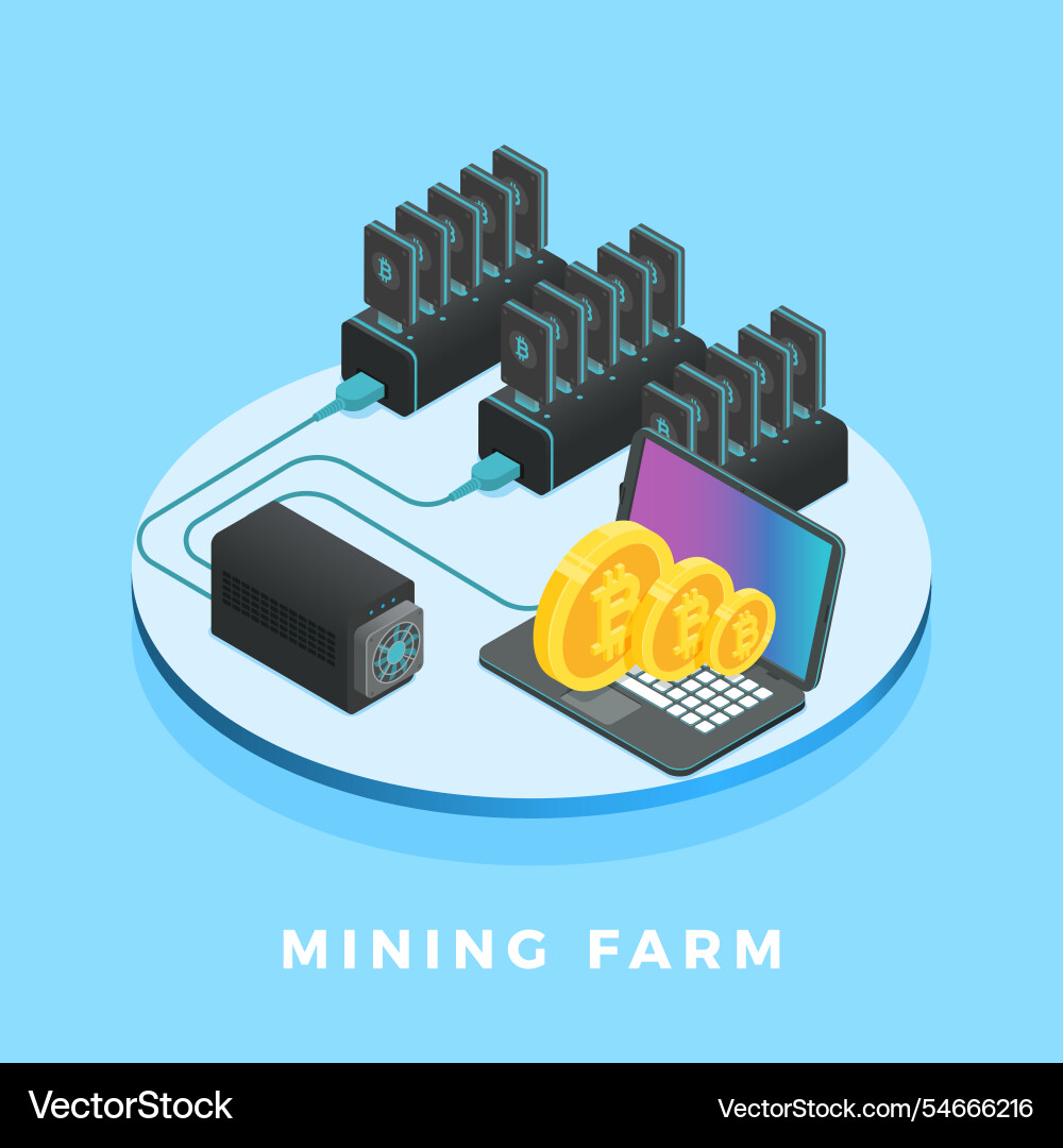 Cryptocurrency mining farm generating bitcoin vector image
