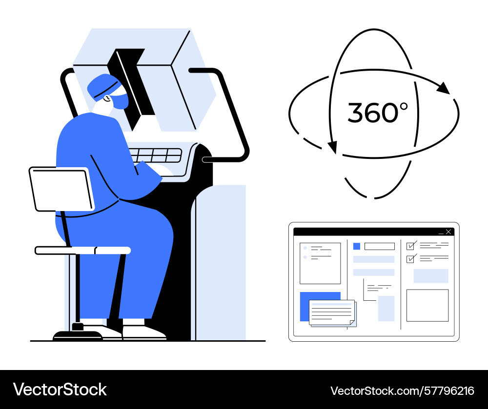 Engineer operating advanced system with 360-degree Engineer operating advanced system with 360-degree vector image