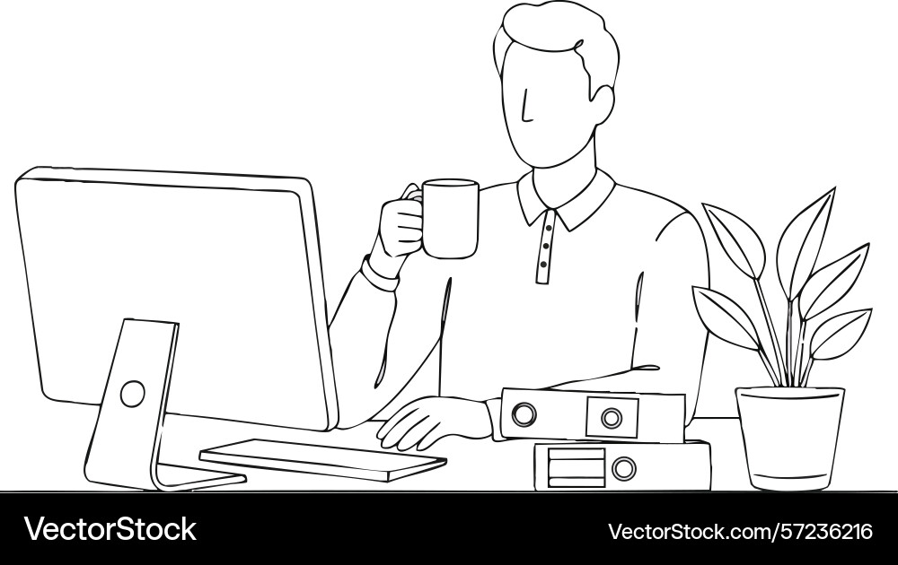 Man working at desk with computer drinking coffee Man working at desk with computer drinking coffee vector image