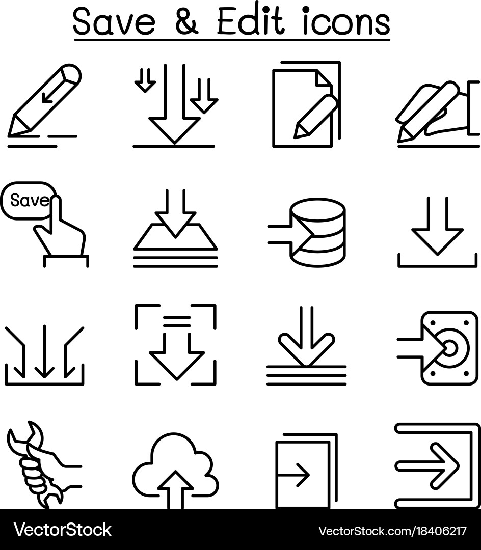 Save edit data icon set in thin line style Vector Image