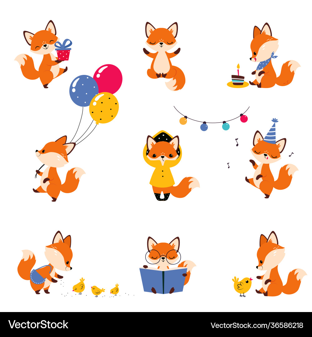 Cute Fox with Balloons and Chicks Vector Image