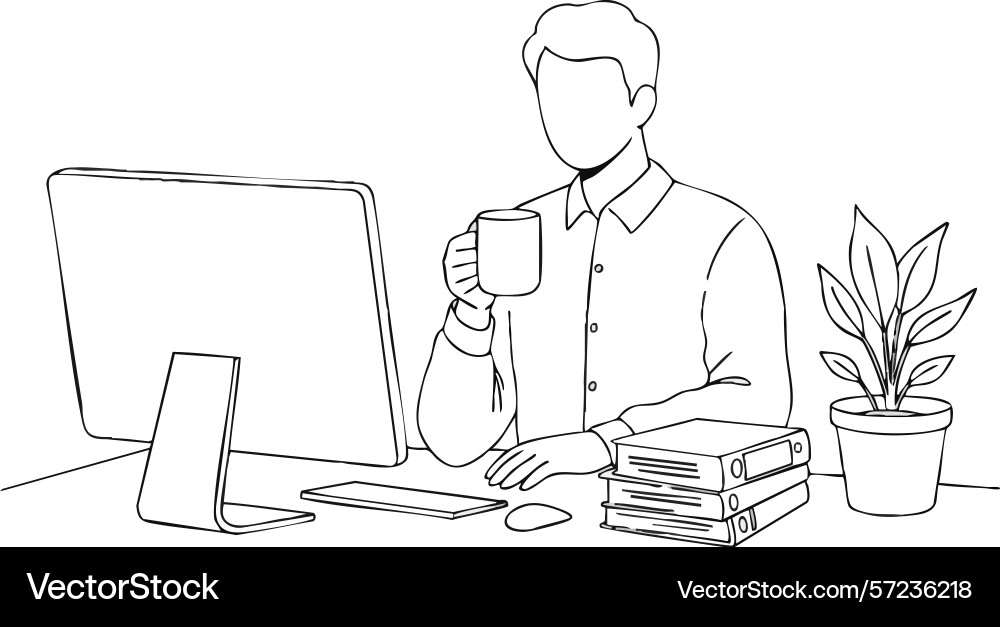 Man working at desk drinking coffee with computer Man working at desk drinking coffee with computer vector image