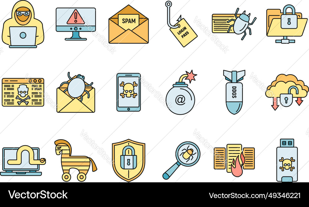 Cyber attack bug icons set color Vector Image